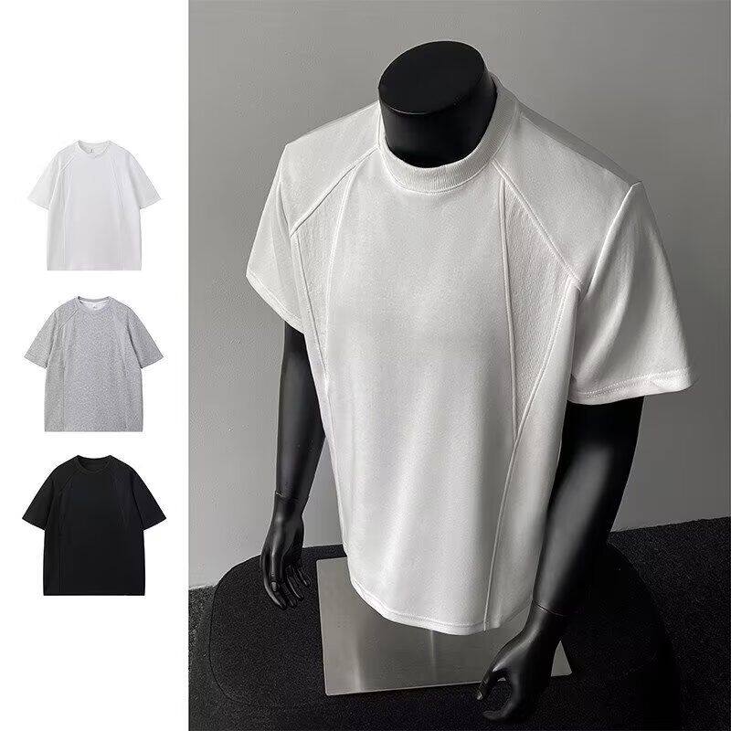 美式重磅正肩短袖t恤男夏季硬汉百搭弹力修身小领口体恤打底上衣