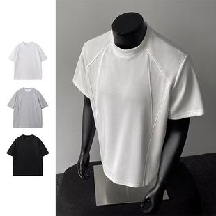 美式重磅正肩短袖t恤男夏季硬汉百搭弹力修身小领口体恤打底上衣