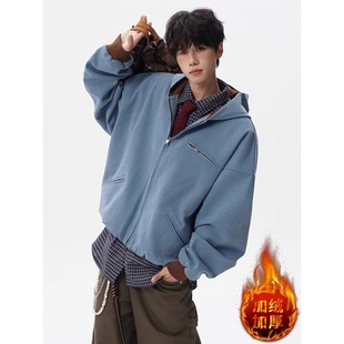 美式复古拉链连帽牛仔棉衣外套男女春秋冬季加绒加厚工装夹克棉服