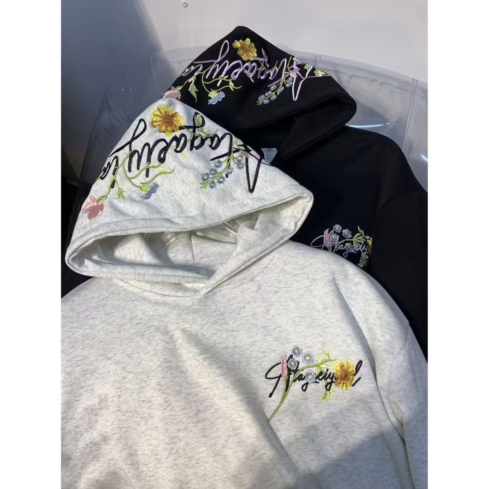 刺绣卫衣连帽男新款潮牌美式休闲白色重磅情侣帽衫上衣女