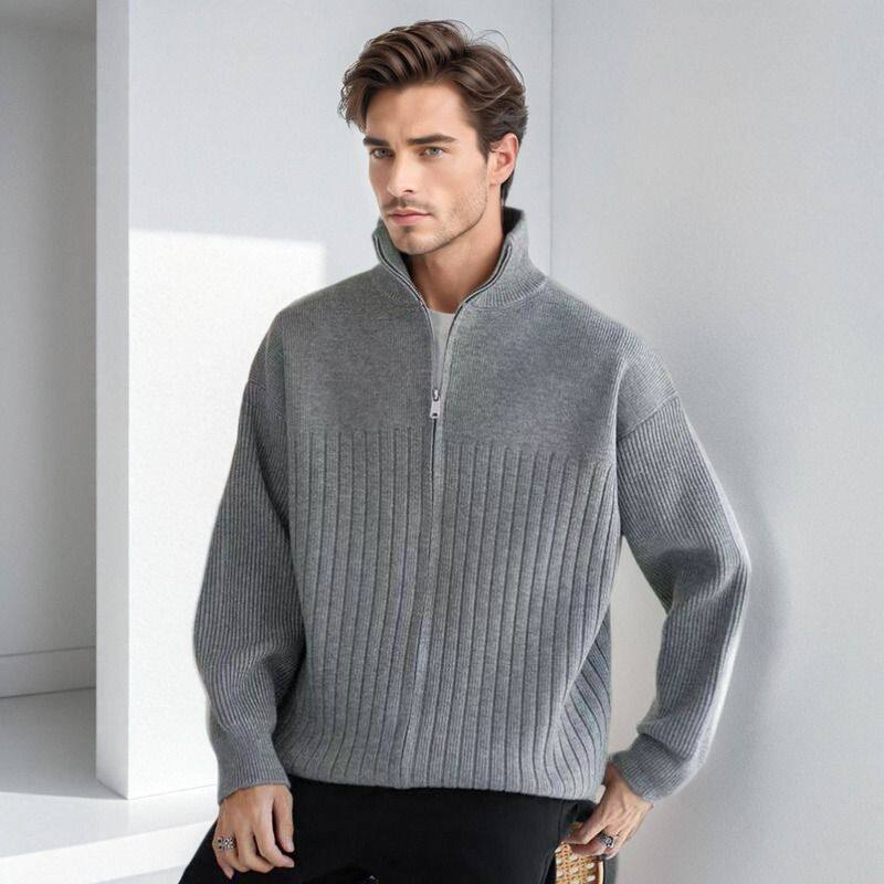 百搭纯色拉链开衫男针织衫秋冬季修身毛衣外套男立领半高外搭ins
