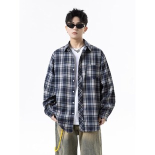 春秋冬季 男女长袖 宽松休闲情侣加绒加厚衬衣外套 复古格子衬衫 美式