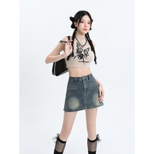 美式高街复古设计感大码胖mm气质辣妹牛仔半身裙女洋气A字裙韩版