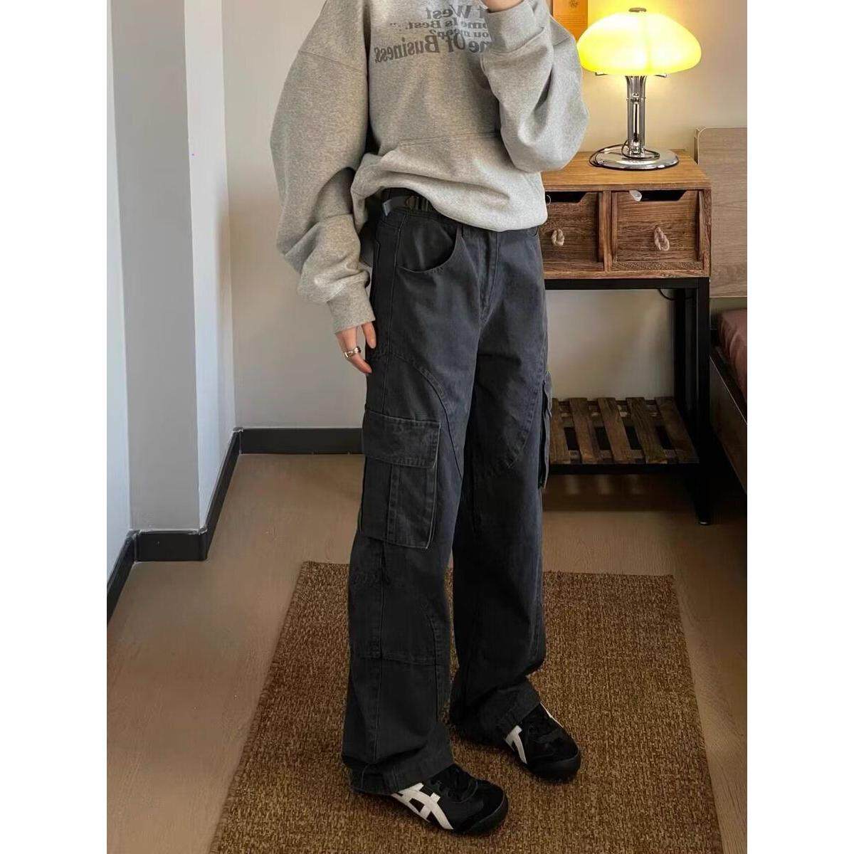 美式水洗宽松工装微喇叭牛仔裤女2025春季新款高腰直筒阔腿长裤子