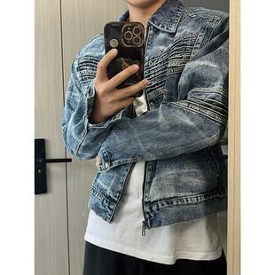 SOULWORKER重磅小众解构水洗复古垫肩牛仔外套男时髦廓形短款夹克