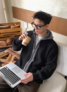 P53网图MY82北极绒假二件连帽毛衣黑色灰色M到2XL