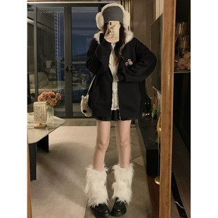 美式 毛领外套 复古勋章毛领猫耳朵卫衣女秋冬加绒加厚宽松情侣开衫