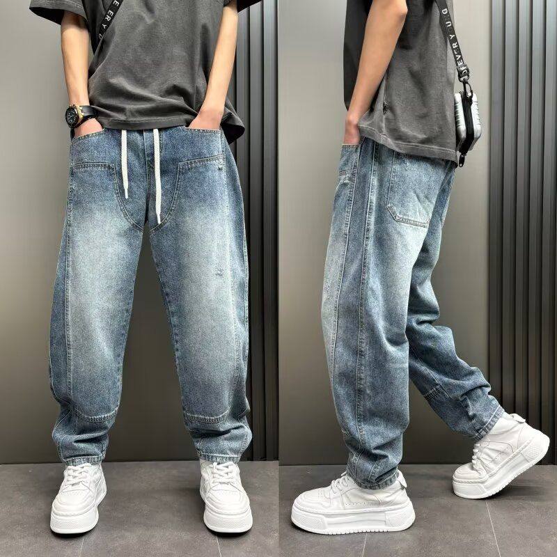 浅蓝色阔腿牛仔裤男潮牌美式高街水洗休闲长裤复古做旧工装直筒裤