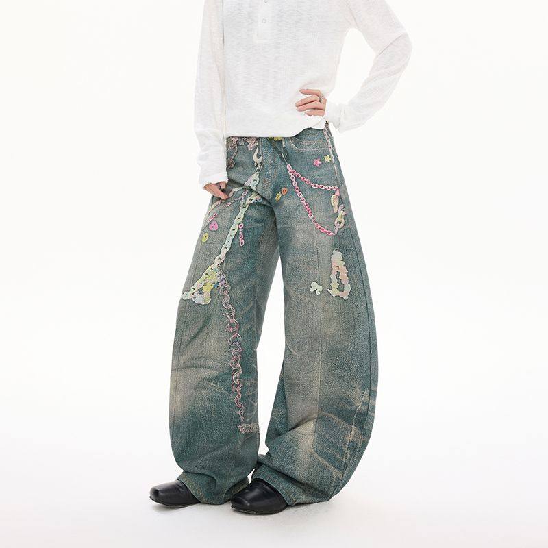 美式复古3D数码打印花环糖果链条宽松直筒牛仔长裤男女2026年炸街,男装,牛仔裤,淘宝优惠券,粉丝福利购,淘宝优惠卷
