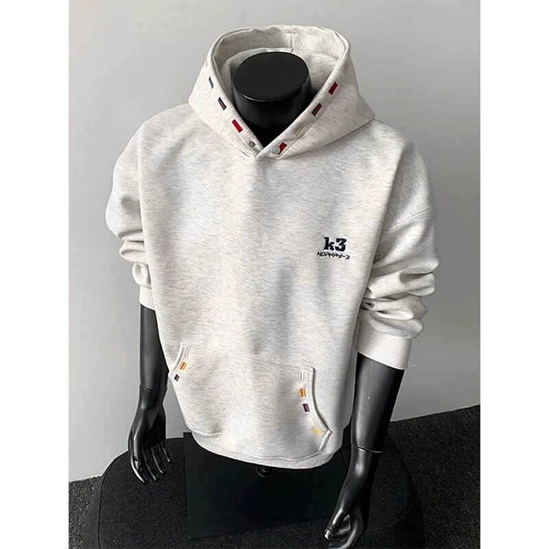 美式500g重磅刺绣连帽卫衣男秋季白花灰色青少年潮牌慵懒chic外套