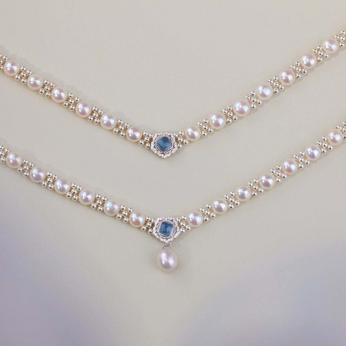 赛赛莉安天然淡水珍珠项链海蓝宝S925纯银轻奢简约气质生日礼物女