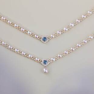 赛赛莉安天然淡水珍珠项链海蓝宝S925纯银轻奢简约气质生日礼物女