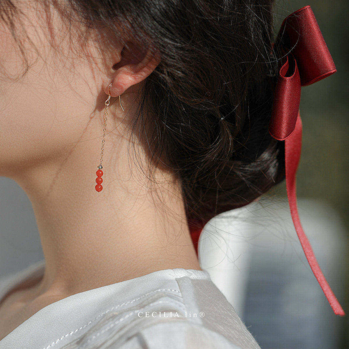 赛赛莉安小南红14K包金长款仙女瘦脸红色耳环耳钉耳夹2025年新款