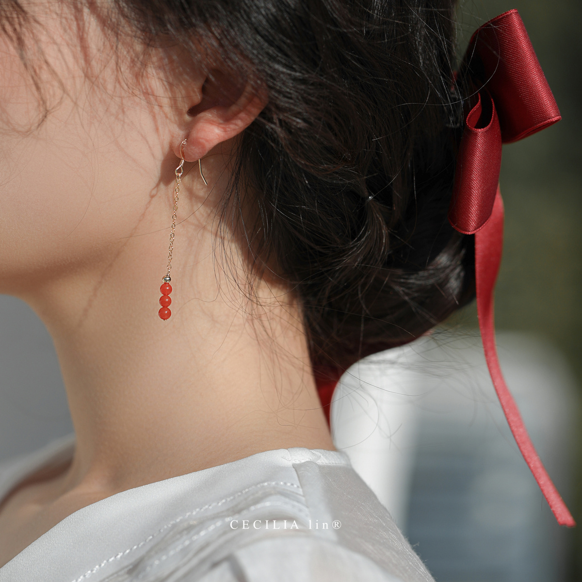 赛赛莉安小南红14K包金长款仙女瘦脸红色耳环耳钉耳夹2024年新款
