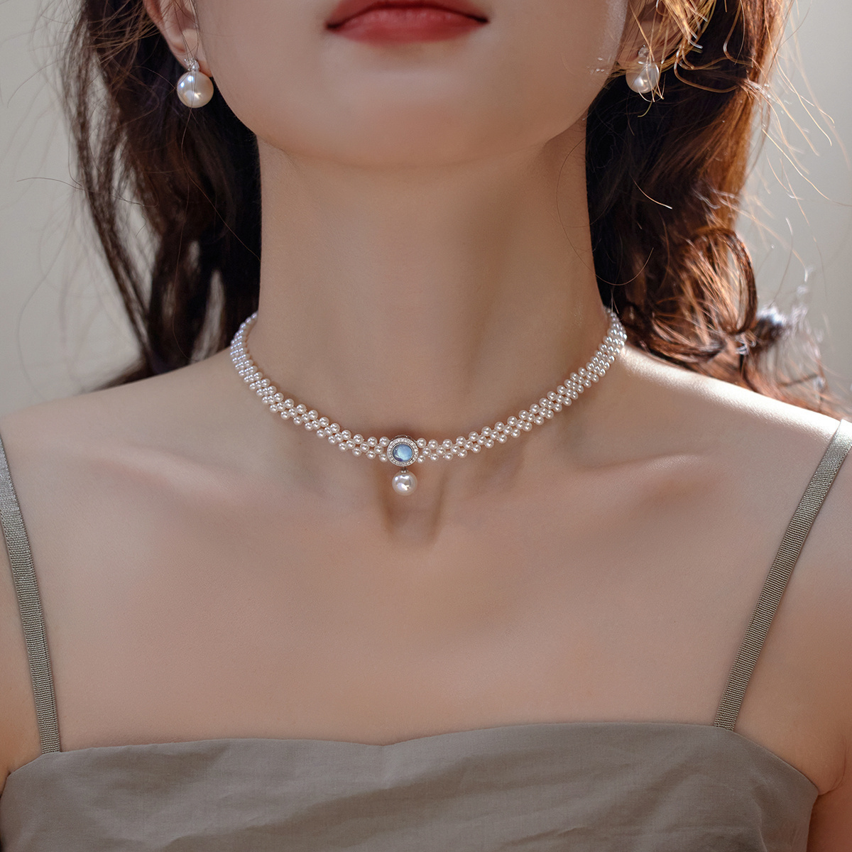 海蓝宝小珍珠编织choker项链