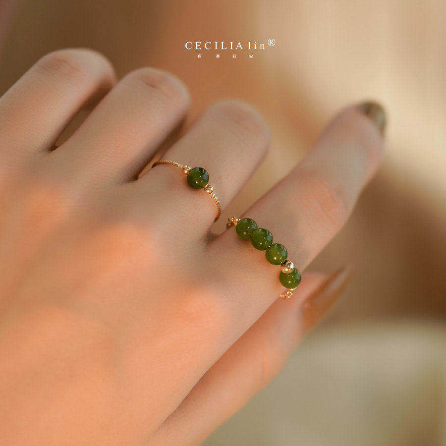 赛赛莉安和田玉碧玉轻奢名媛风14K包金叠戴气质小众个性戒指复古