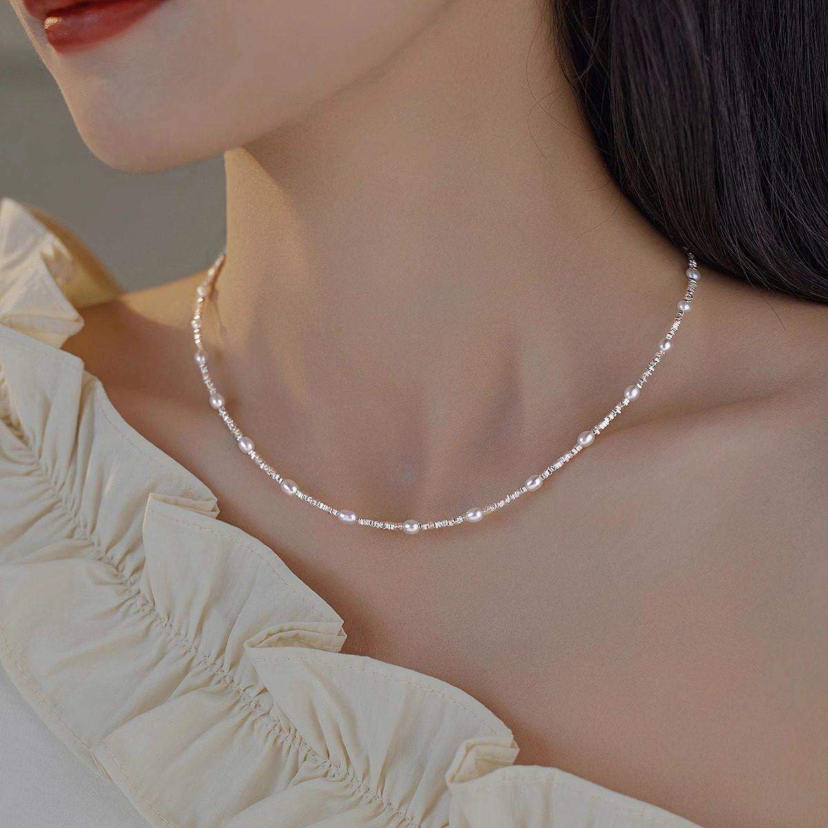 满天星通体s925纯银天然小米粒淡水珍珠碎银子轻奢风纤细项链叠戴