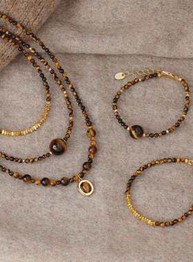 虎眼石小众复古咖色串珠项链