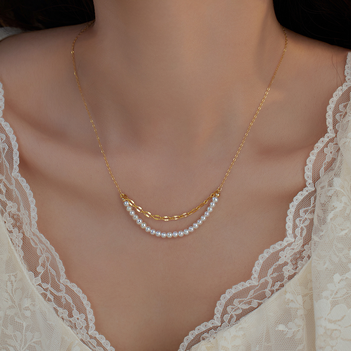 赛赛莉安超闪微笑项链天然淡水珍珠14K包金锁骨脖子毛衣链气质女