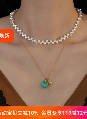 屁桃爱心仿绿松锁骨毛衣项链
