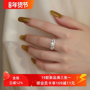 赛赛莉安蕾丝珍珠S925纯银戒指环小众高级感冷淡风可调节个性气质