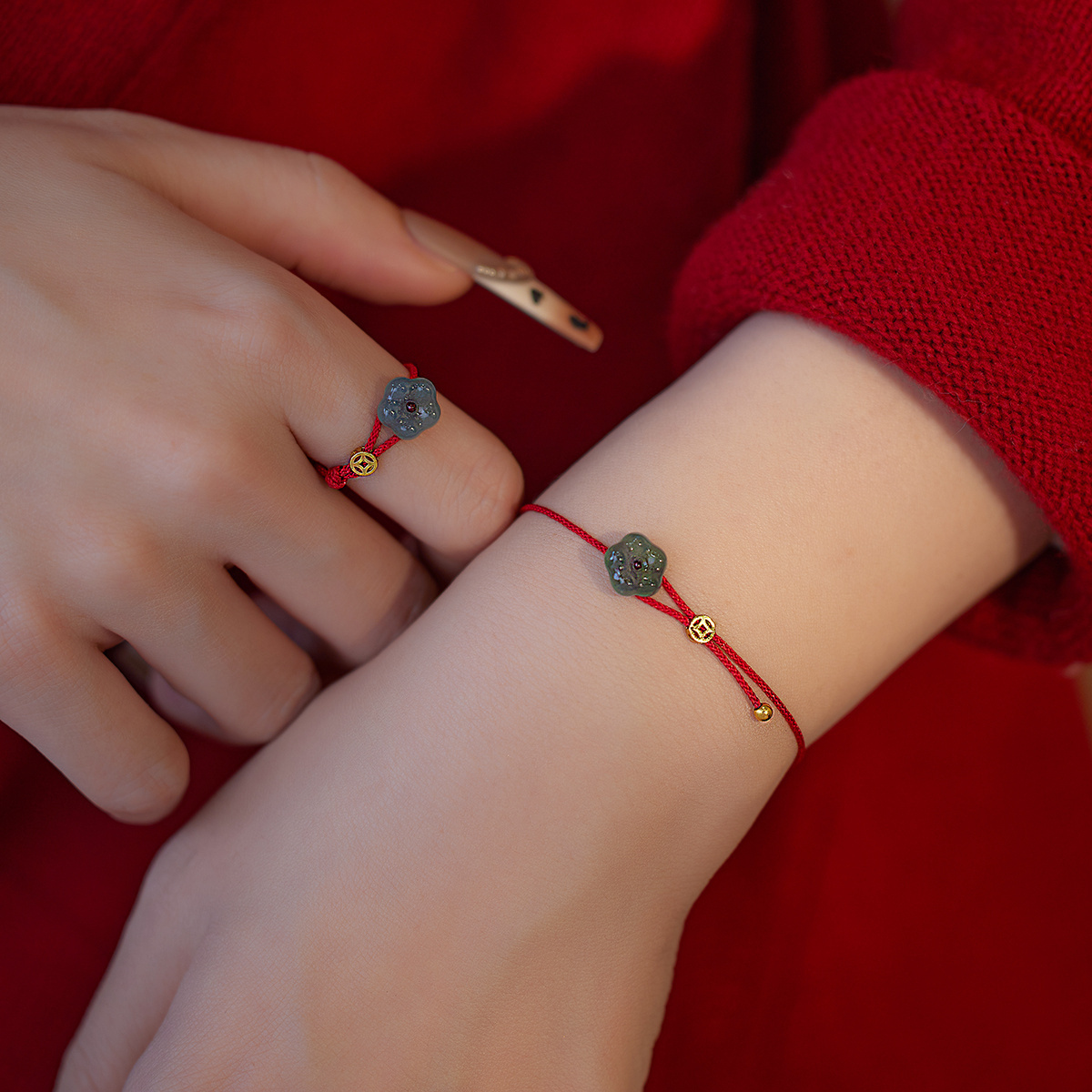 有钱花平安扣天然翡翠红绳手链戒指脚链汉服旗袍新中式新年礼物女