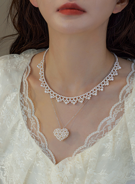 赛赛莉安小香风包爱心天然淡水珍珠S925纯银项链毛衣链气质轻奢女