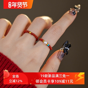 赛赛莉安天然淡水珍珠南红绿松S999纯银戒指新中式新年红色复古女