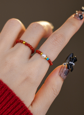 天然珍珠南红绿松999纯银戒指