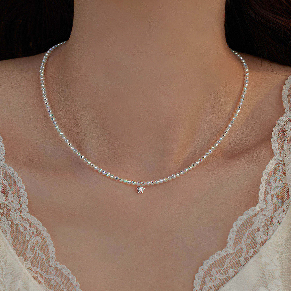 简约气质mini小星星钻高品质baby天然淡水小珍珠S925银锁骨项链女