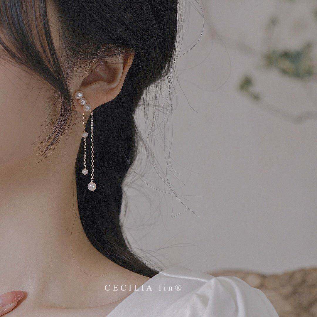 CECILIALin高级感瘦脸天然珍珠长款气质14K包金耳环耳夹时尚网红