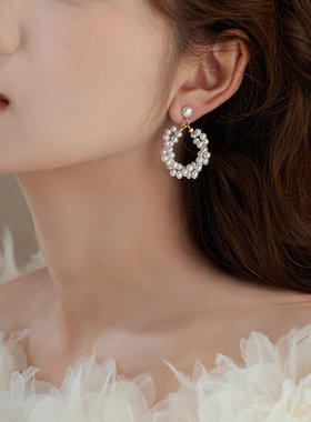 赛赛莉安双耳圈设计天然淡水珍珠14KGF耳环仙女气质法式温柔耳夹