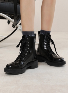 InkingPot彭姐 经典厚底马丁靴短靴女2025新款低跟平跟绑带真皮靴