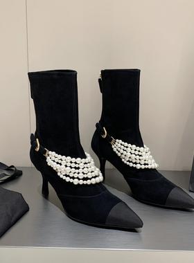 InkingPot彭姐 小香风珍珠尖头短靴女显瘦高跟真皮靴子2025年新款