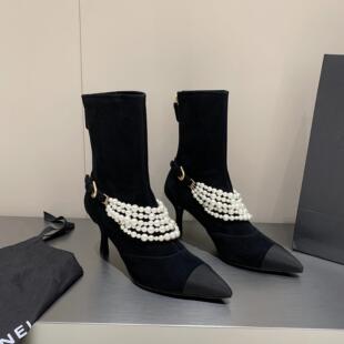 InkingPot彭姐 小香风珍珠尖头短靴女显瘦高跟真皮靴子2026年新款