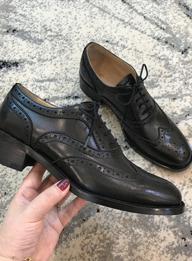 Inking Pot新品现货小牛皮魅力雕花帅气圆头中跟系带单鞋酷酷女鞋