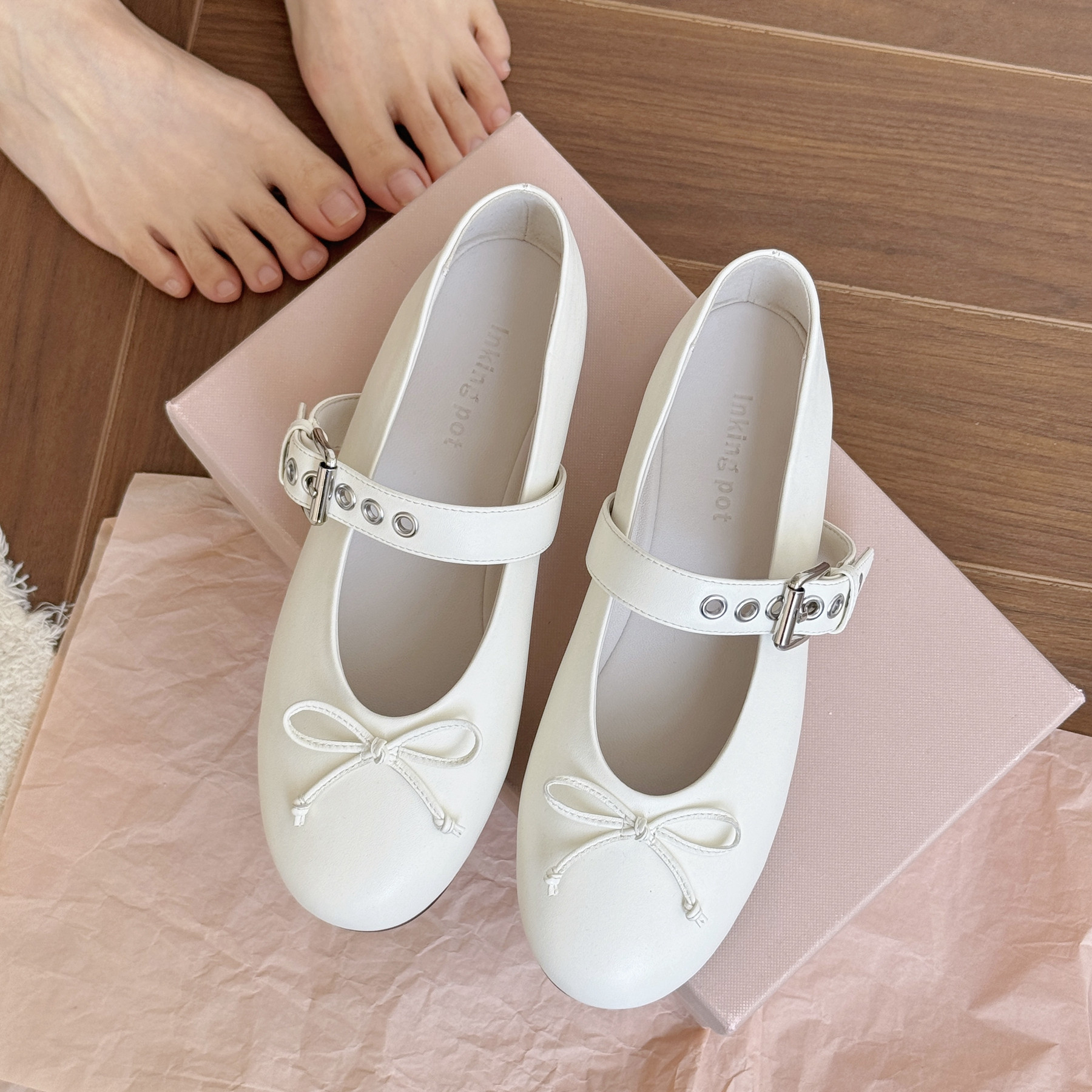 InkingPot彭姐 法式蝴蝶结奶牛皮平底芭蕾舞单鞋女一字带玛丽珍鞋,女鞋,浅口单鞋,淘宝优惠券,粉丝福利购,淘宝优惠卷