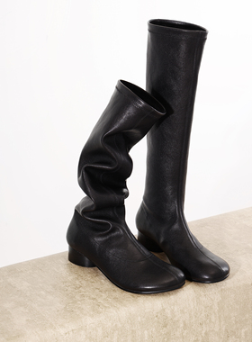 inkingPot彭姐 植鞣弹力羊皮高筒瘦瘦靴女冬季圆头粗跟长靴时装靴