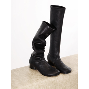 inkingPot彭姐 植鞣弹力羊皮高筒瘦瘦靴女冬季圆头粗跟长靴时装靴