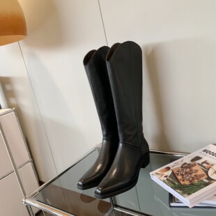 InkingPot彭姐小方头中筒V口骑士靴真皮西部牛仔靴女显腿瘦细长直