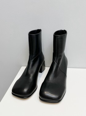 InkingPot彭姐 时髦舒服方扁圆头羊皮瘦瘦靴显瘦方跟短靴