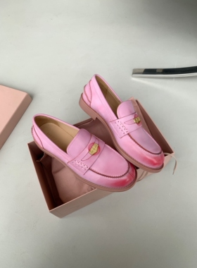 InkingPot彭姐 流水桃花复古水粉擦色小金币乐福鞋女圆头平底皮鞋