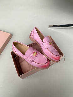 女圆头平底皮鞋 流水桃花复古水粉擦色小金币乐福鞋 InkingPot彭姐