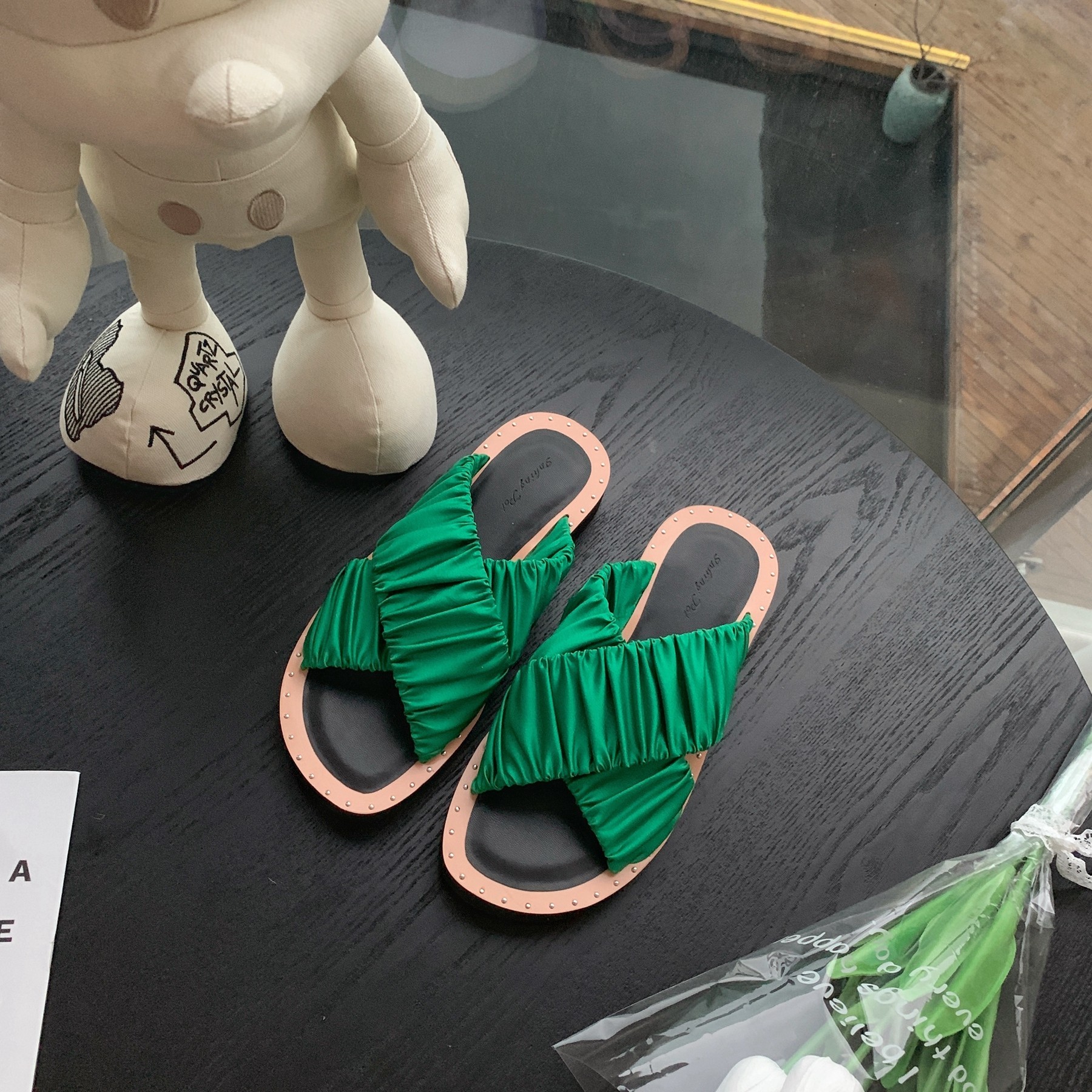 InkingPot彭姐 小众法式平底拖鞋女夏外穿交叉带真丝透气厚底凉拖