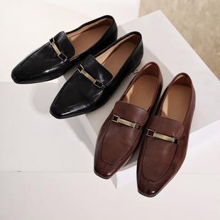 单鞋 女一脚蹬百搭小皮鞋 IningPot彭姐英伦风复古胎牛皮方头乐福鞋