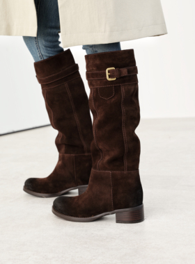 InkingPot彭姐 复古皮带扣长筒骑士靴粗跟圆头绒面女靴高筒堆堆靴