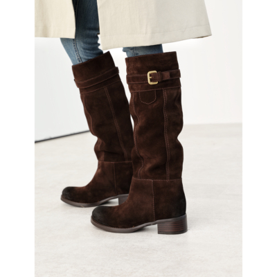 复古皮带扣反绒长筒骑士靴堆堆靴