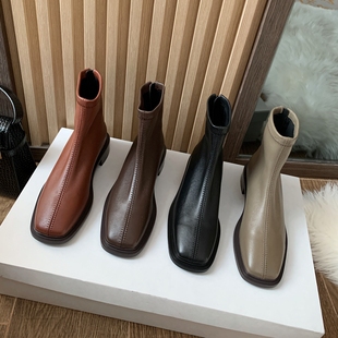 InkingPot彭姐 弹力羊皮包腿短靴方头舒适粗跟侧拉链纯色2025年新