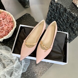 InkingPot彭姐 平跟复古法式 真皮浅口女鞋 尖头金属字母蝴蝶结单鞋