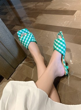 InkingPot彭姐 方头素雅绿色格子小猫跟拖鞋女外穿法式一字带凉鞋